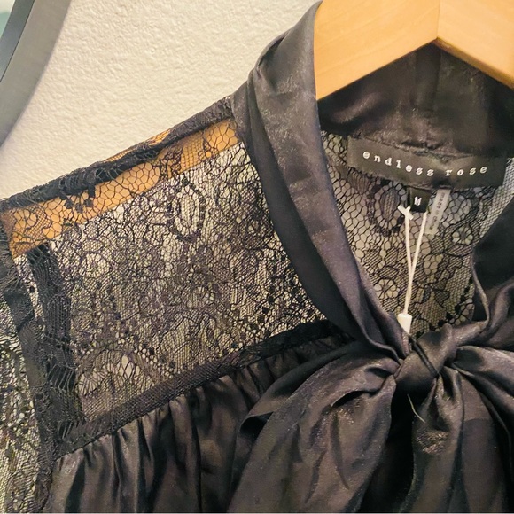 ENDLESS ROSE NWT Black Tie Neck Lace Sleeve Blouse - Picture 3 of 6